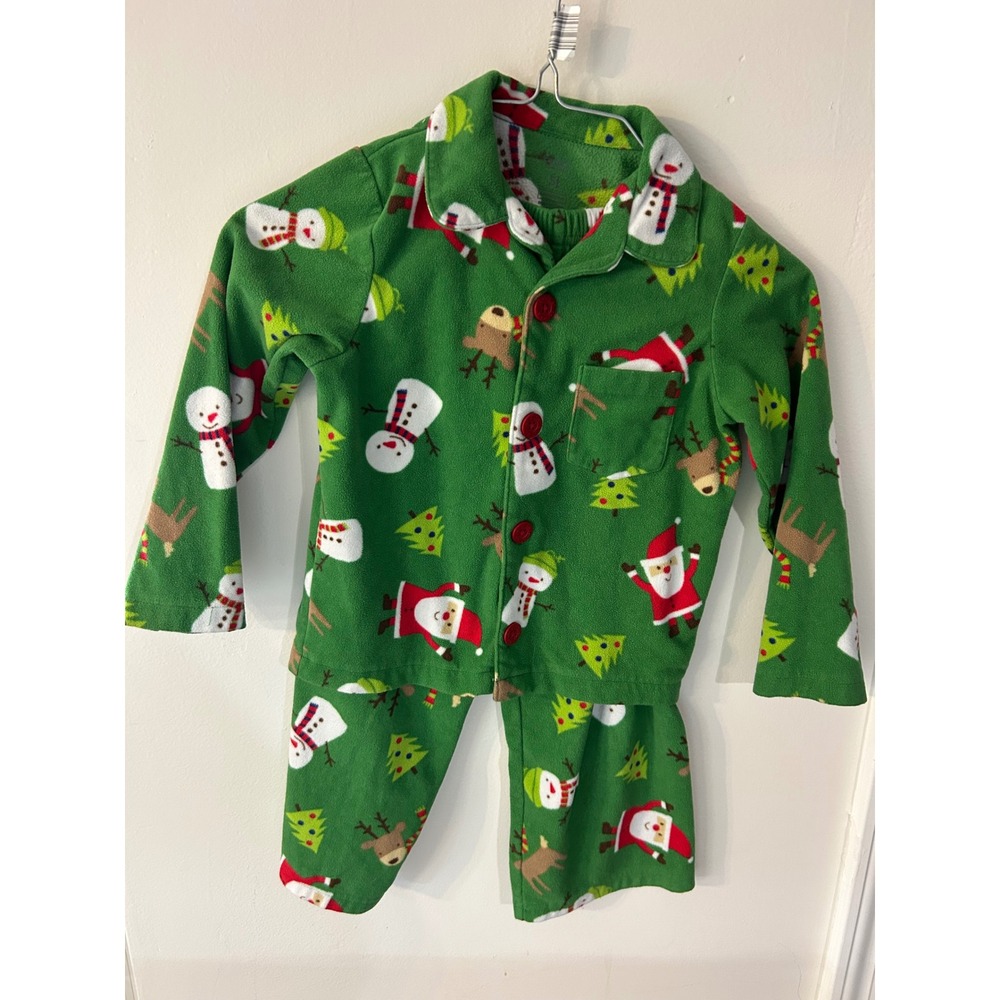 Carters Kids 5T Green Fleece Christmas Pajama Set Santa Snowman Reindeer PJs